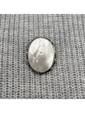 Vintage Mother of Pearl Oval Brooch Silver Tone Frame Statement Pin